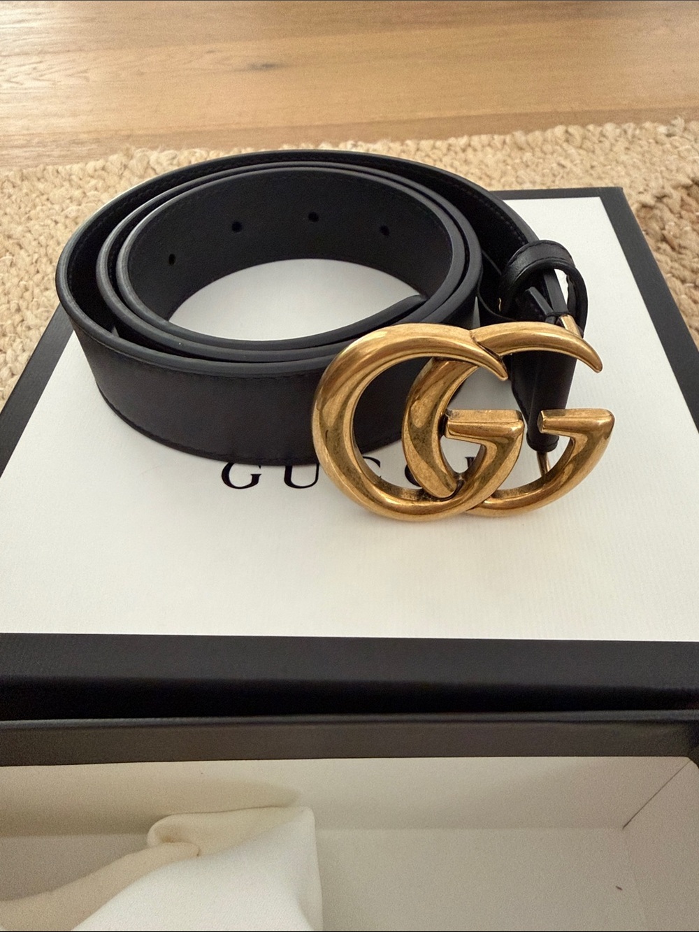 Gucci Black Leather Belt with Gold Double G Buckle